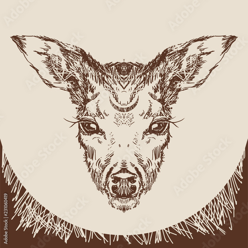 Vector. Deer head with large ears and eyes. Geometric linear animal. Linear graphics. Modern design for advertising, branding greeting card, cover, poster, banner. stag deer head sketch vector