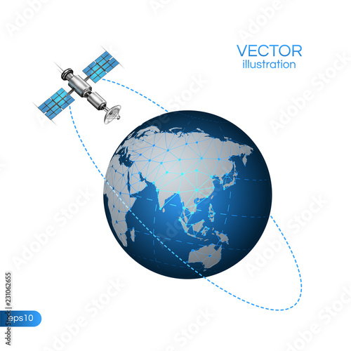Satellite In Orbit Around Earth. Space Satelite surrounding the planet. Vector stock illustration