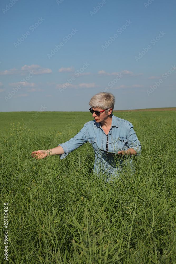 Female agronomist or farmer examining green canola field, rapeseed plant in spring using tablet Female agronomist or farmer examining green canola field, rapeseed plant in spring using tablet