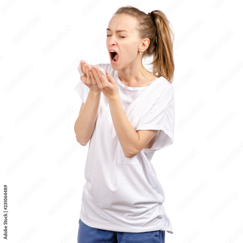 Beautiful woman is sick of coughing on white background isolation Beautiful woman is sick of coughing on white background isolation