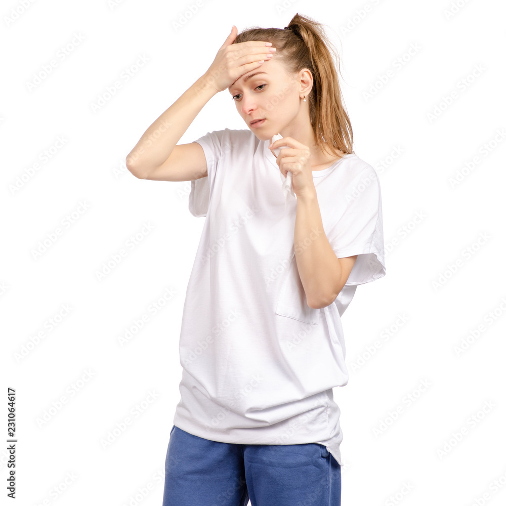 Beautiful woman is sick ill colds headache on white background isolation Beautiful woman is sick ill colds headache on white background isolation