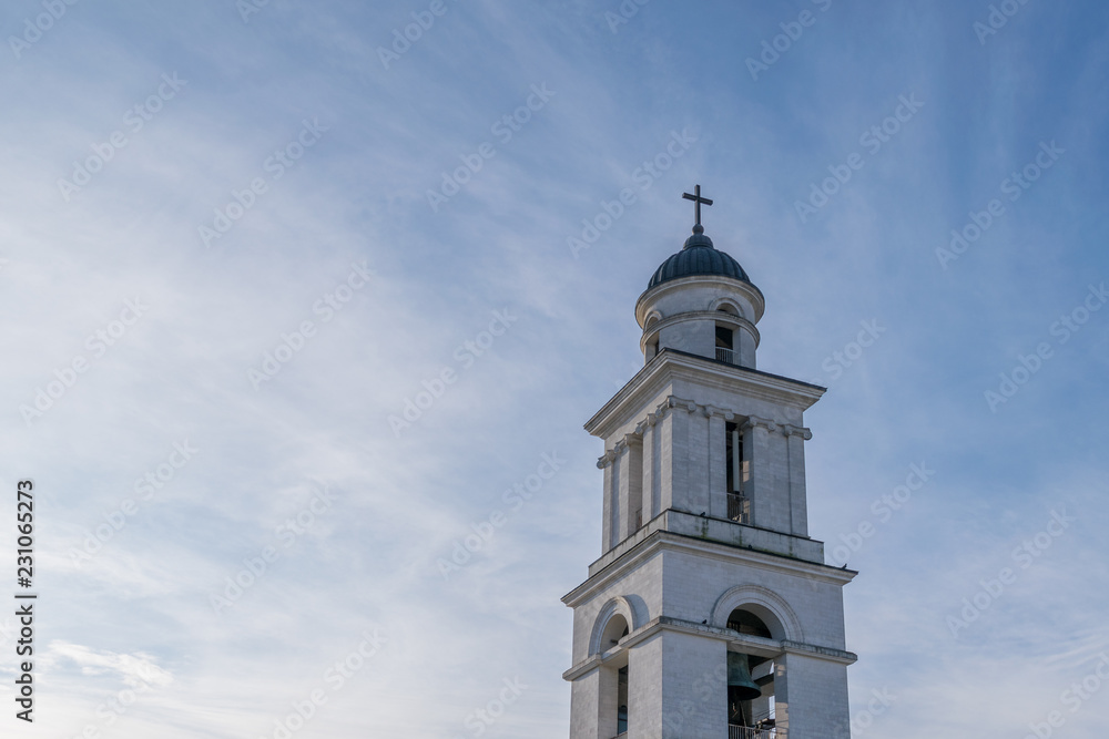 The Metropolitan Cathedral Nativity of the Lord steeple towards a blue sky, in Chisinau, Moldova
