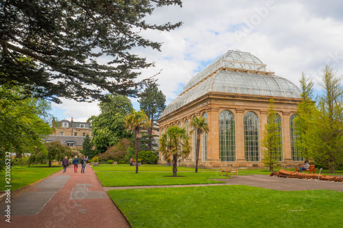 The Victorian Palm House at the Royal Botanic Gardens, a public park in Edinburgh, Scotland, UK.
