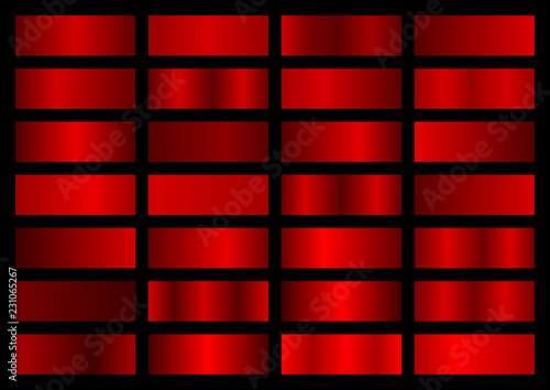 Red metal gradient set. Vector metallic texture. Big collection of red metallic gradients on black background
