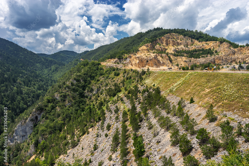 Naklejka premium Landscape view of the dam and quarry near lake Zaovine in Serbia