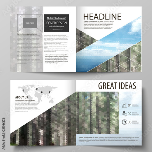 Templates for square design bi fold brochure, flyer. Leaflet cover, vector layout. Colorful background made of triangular or hexagonal texture, travel business, natural landscape in polygonal style