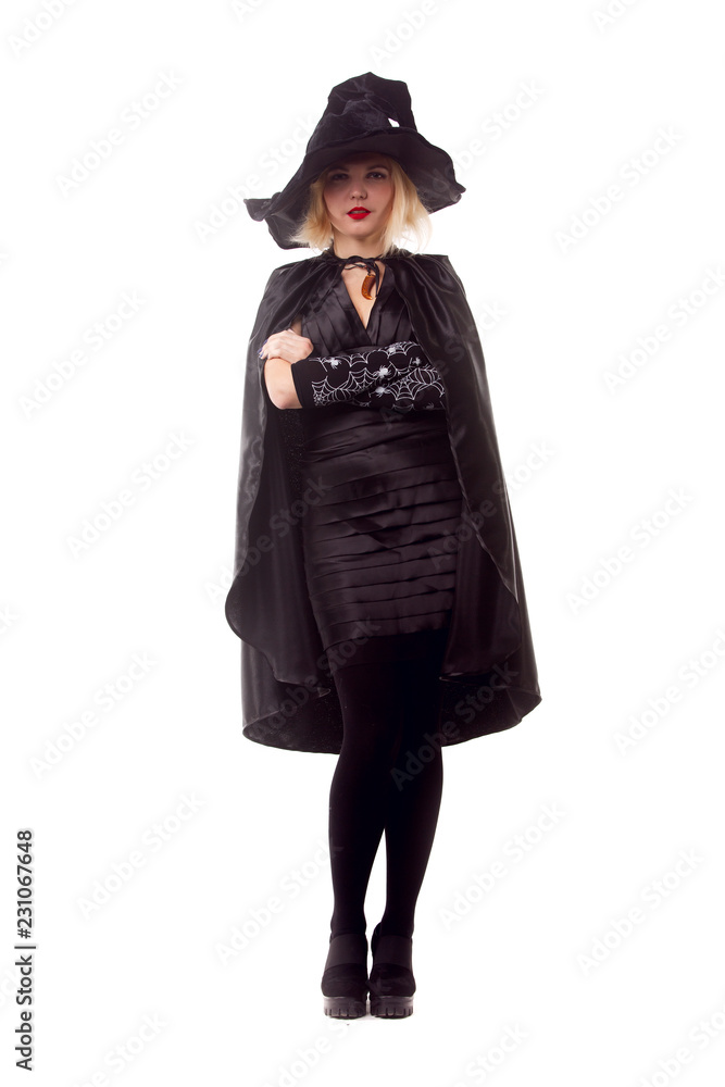 Full-length photo of witch blonde in black hat Full-length photo of witch blonde in black hat
