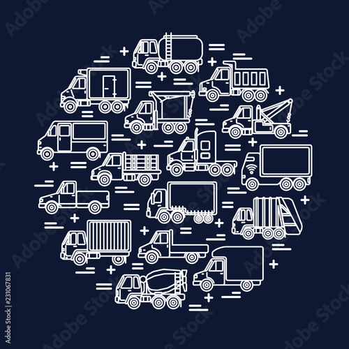 Cargo transportation round concept with different types of trucks in thin line style.