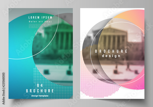 The vector layout of A4 format modern cover mockups design templates for brochure, magazine, flyer, booklet, annual report. Creative modern bright background with colorful circles and round shapes