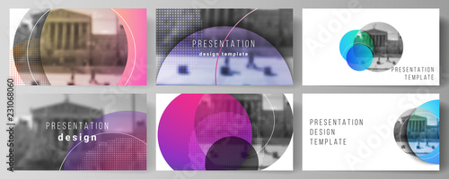 The minimalistic abstract vector illustration of the editable layout of the presentation slides design business templates. Creative modern bright background with colorful circles and round shapes.