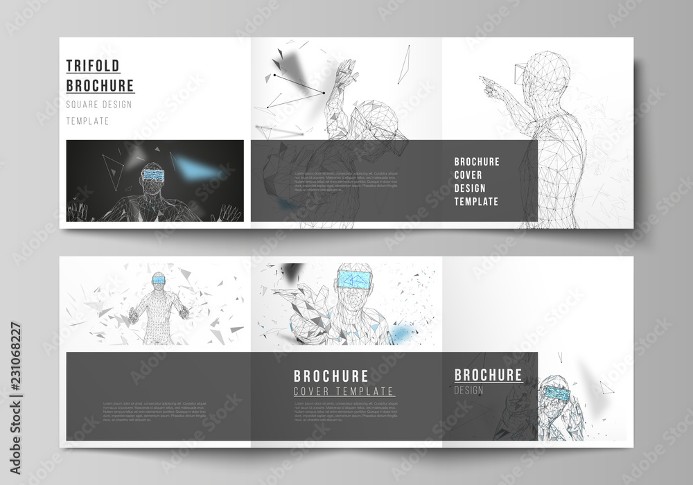 The minimal vector editable layout of two square format covers design template for trifold square brochure, flyer, magazine. Man with glasses of virtual reality. Abstract vr, future technology concept