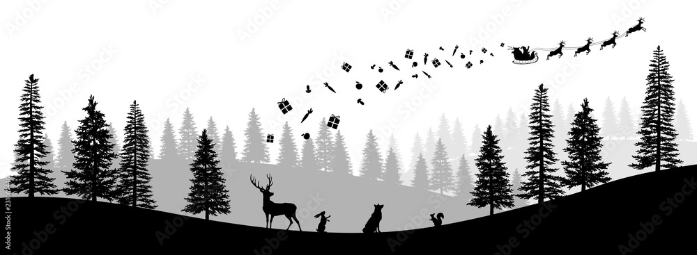 Naklejka Christmas black silhouette. Panorama of Santa Claus riding sleigh with deers. Winters new year landscape. Forest scene. Holidays background