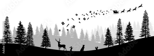Christmas black silhouette. Panorama of Santa Claus riding sleigh with deers. Winters new year landscape. Forest scene. Holidays background
