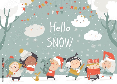 Cartoon happy children enjoying winter. Hello snow