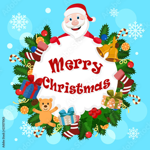 Santa and Christmas wreath with gifts and decorations. New year banner