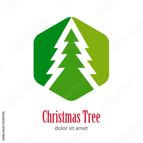 Logotipo Christmas Tree con árbol abstracto en hexágono espacio negativo