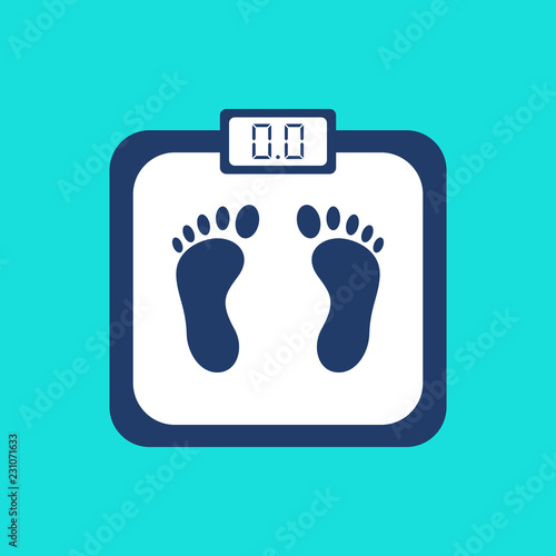 Weight scale with foot print and electronic display isolated on blue background. Bathroom scales icon in modern flat style. Healthcare. Control weight, diet concept. Vector illustration