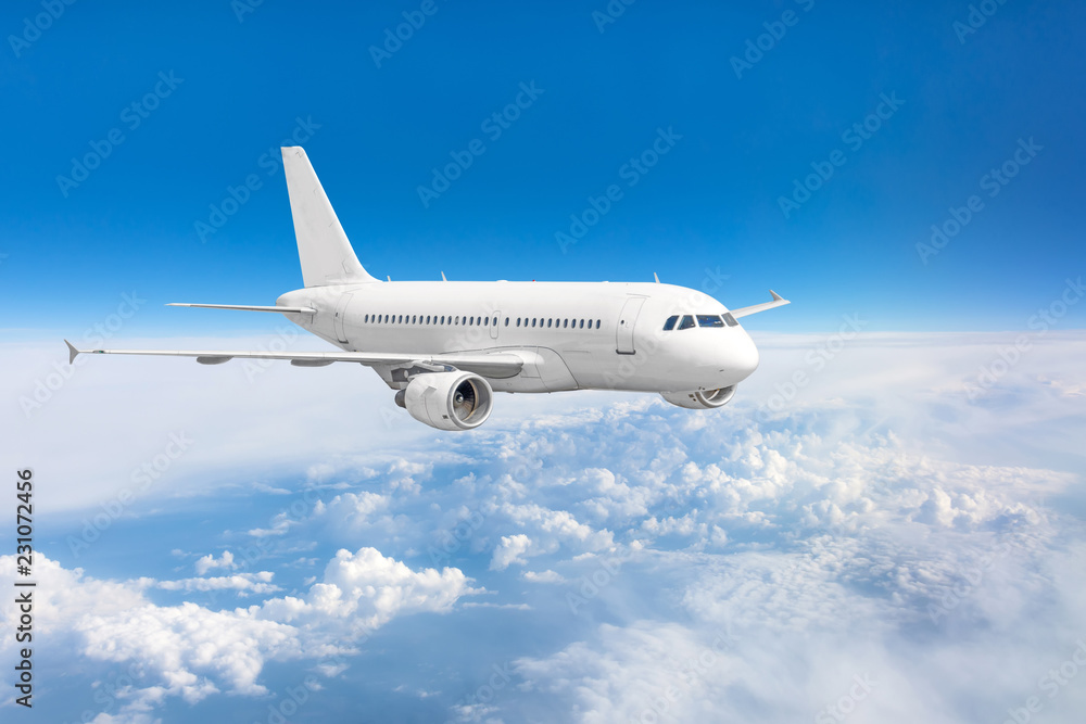 Fototapeta premium Passenger airplane fly on a hight above clouds and blue sky.