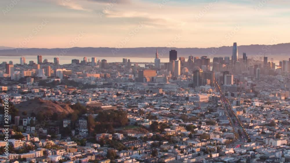 Panning Aerial San Francisco Panoramic Pink Sunrise Time Lapse Panning Aerial San Francisco Panoramic Pink Sunrise Time Lapse