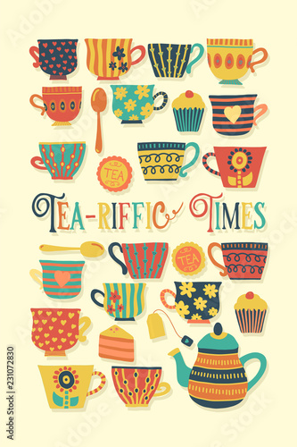 Retro tea cup vector illustration beige. Scandinavian vintage style. Tea-riffic times lettering. Hand drawn tea mugs, teapot, spoons, cupcake. For packaging, cafe menu, tea party, greeting card, fall