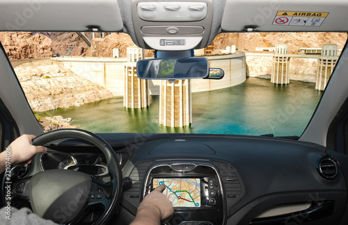 Driving while using navigation system towards Hoover Dam, Arizona, USA