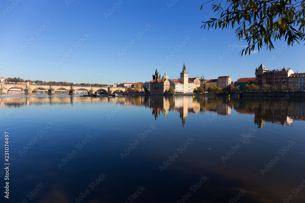 Fototapeta premium Colorful autumn Prague Old Town above River Vltava, Czech Republic
