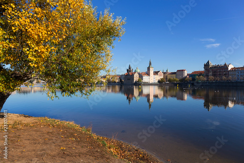 Colorful autumn Prague Old Town above River Vltava, Czech Republic