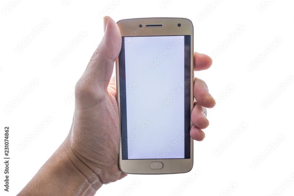 Hand holding smart phone isolated on white Hand holding smart phone isolated on white