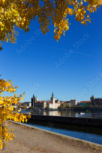 Colorful autumn Prague Old Town above River Vltava, Czech Republic