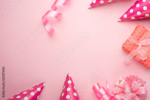 Accessories for girls on a pink background. Invitation, birthday, girlhood party, baby shower concept, celebration. Banner for lettering, birthday announcement