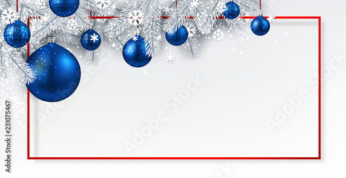 Christmas and New Year banner with fir branches and Christmas balls.