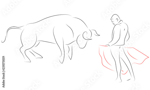 Black line bullfight, -  matador, he's the bullfighter, against the bull - on white background. Hand drawing vector. Sketch style graphic.