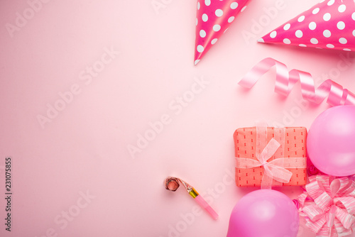 Accessories for girls on a pink background. Invitation, birthday, girlhood party, baby shower concept, celebration. Banner for lettering, birthday announcement