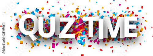 Quiz time banner with colorful confetti.