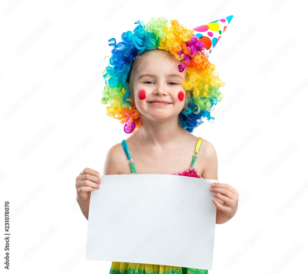 Girl in clown wig holds blank paper, isolated on white background Girl in clown wig holds blank paper, isolated on white background