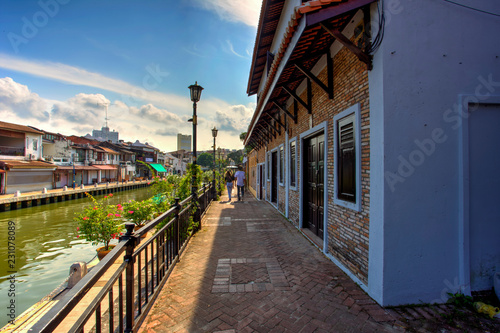 A side walk at riverside Malacca.Historical part of the old malaysian town Malacca, Malaysia.