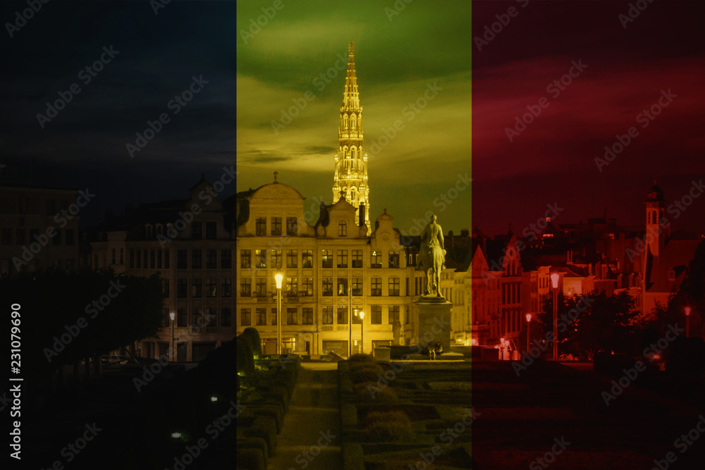 Naklejka premium Flag of Belgium in minimalistic design composition skyline Brussels