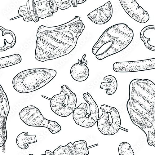 Seamless pattern barbecue grill. Top view charcoal, sausage, fish, steak.