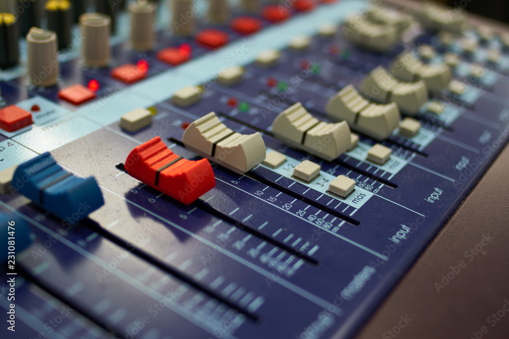 Faders of musical mixer, blue panel Faders of musical mixer, blue panel