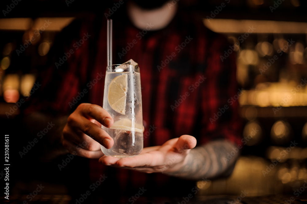Bartender serving Tom Collins cocktail in the glass with tubule and lemon