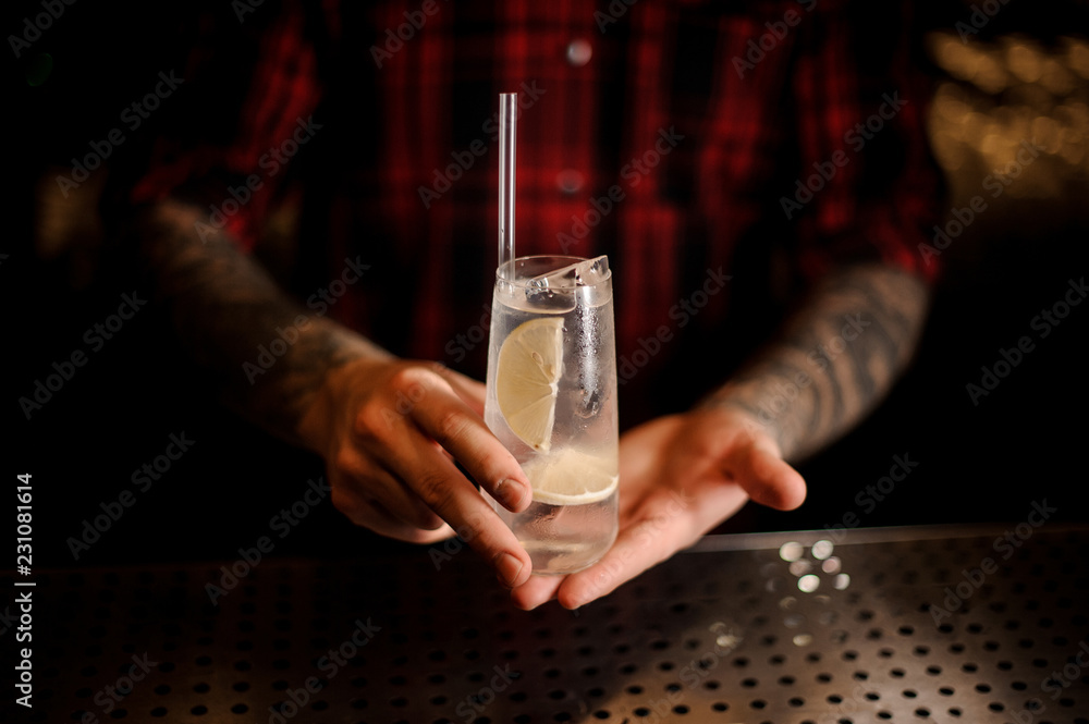 Bartender serving delicious Tom Collins cocktail in the glass with tubule and lemon