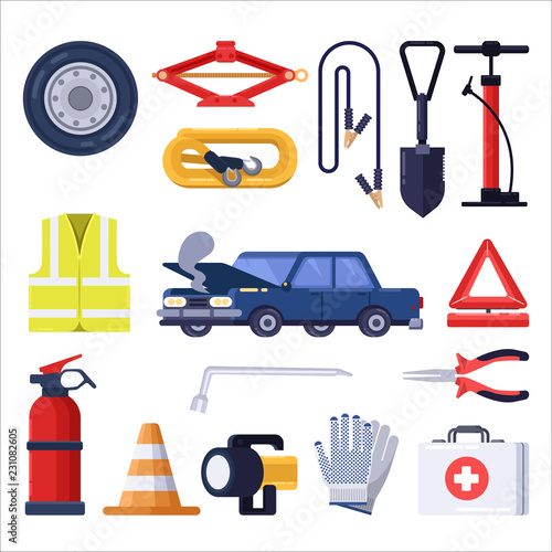Automobile road emergency kit. Car repair and safety tools. Vector flat illustration