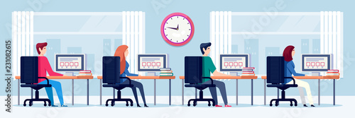 Students pass exam test, vector illustration. Online education and learning concept. People using computers in cabinet