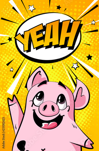 Tableau sur toile Greeting banner with cartoon pig and text cloud on orange background