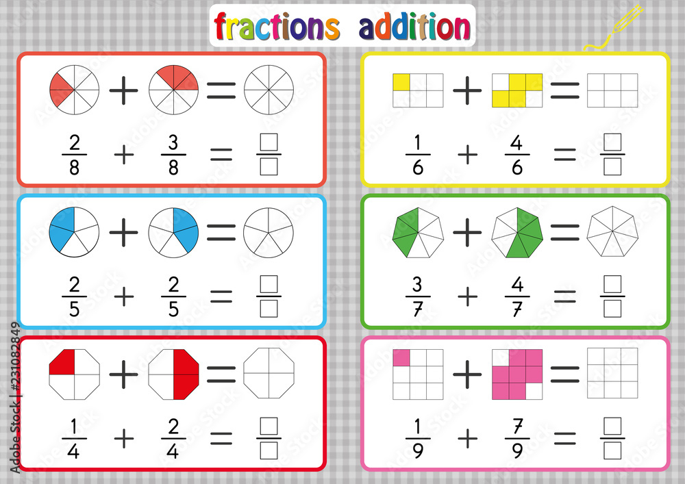 fractions addition printable fractions worksheets for students and teachers fraction addition problems add two fractions and write the answer in the box stock vector adobe stock