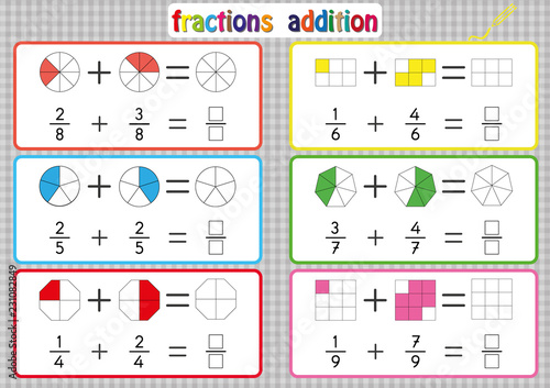 Fractions Addition, Printable Fractions Worksheets for students and Teachers, fraction addition problems. Add two fractions and write the answer in the box. photo