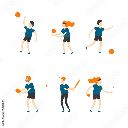 Tennis, volleyball, basketball, football, rugby, baseball. Flat style vector illustration.
