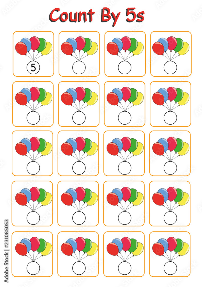 count by 5s practice worksheet, write the missing numbers, Stock Vector