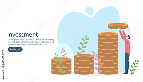Business investment concept. dollar pile coin, tiny people, money object. graphic chart increase. Financial growth rising up to success. modern flat design landing page template vector illustration