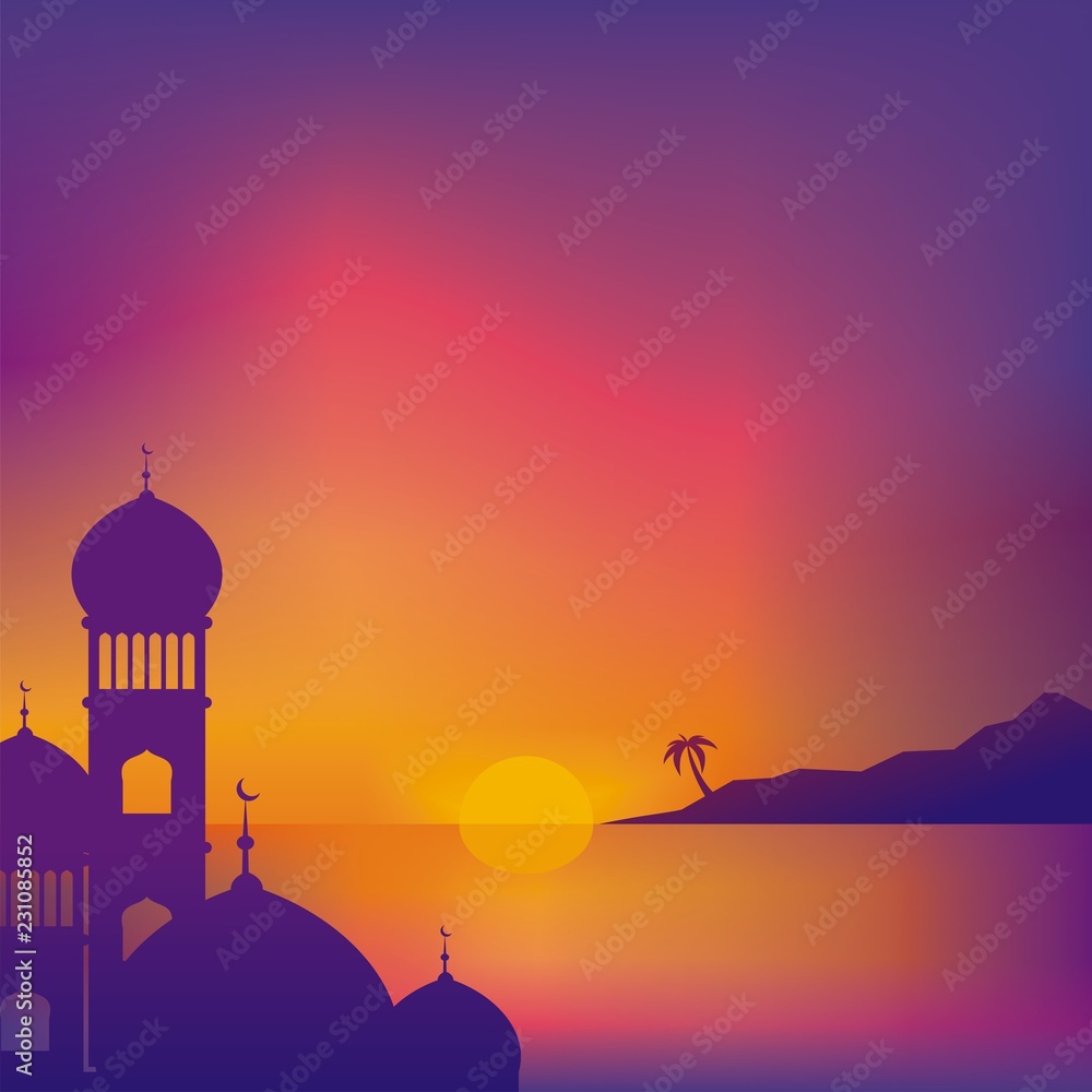 Sunset Scenery on the Beach with Mosque Sillhouette